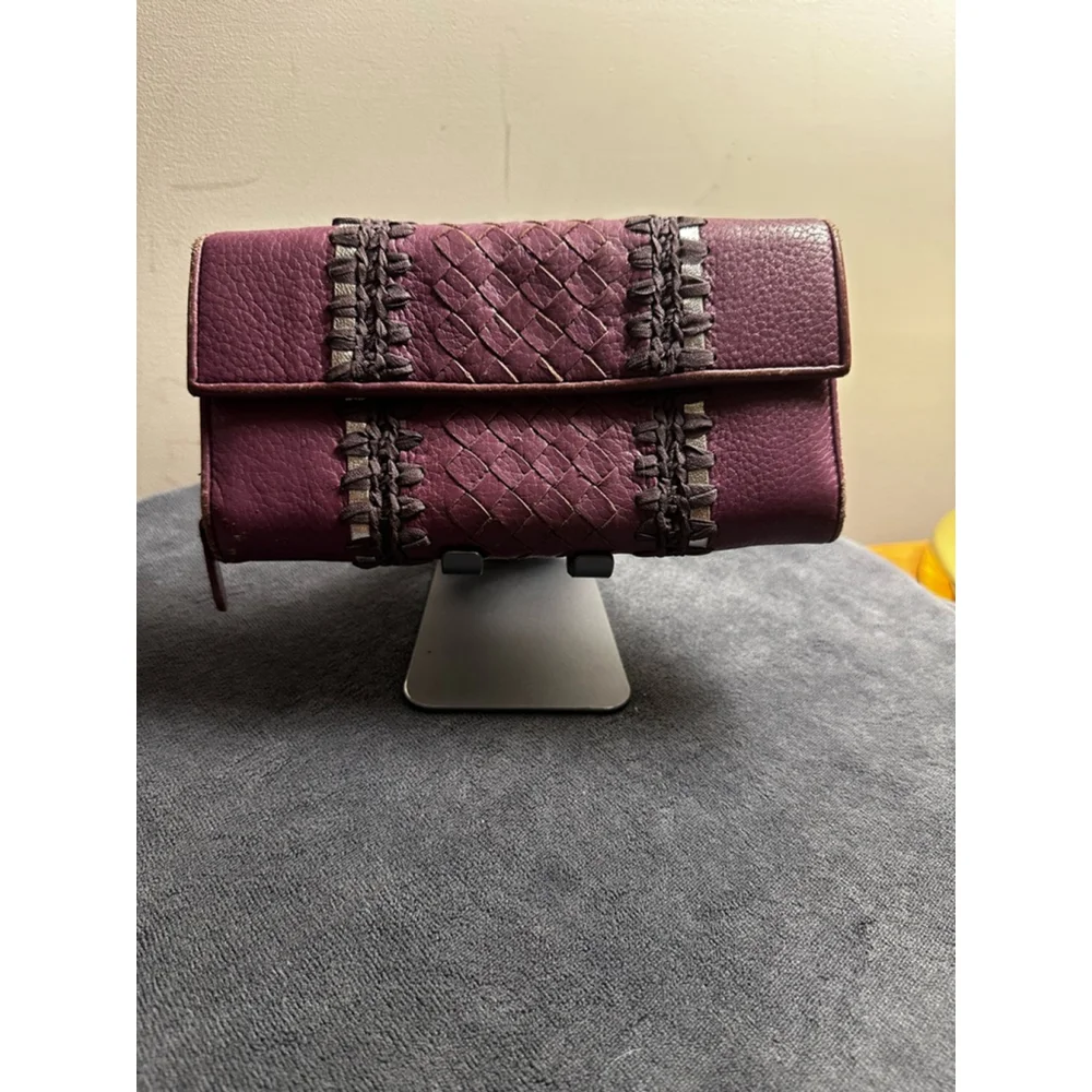Bottega Veneta Purple Leather Long Snap Wallet w/ Woven Detail - Picture 2 of 15